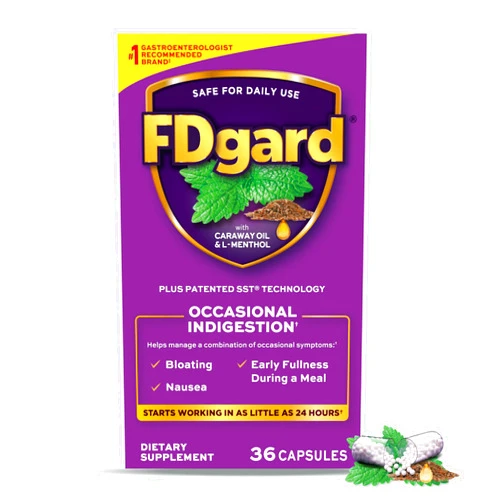 FDgard Gut Health Supplement, Indigestion, Nausea & Bloating, Upset Stomach, 36 Capsules (Packaging May Vary)