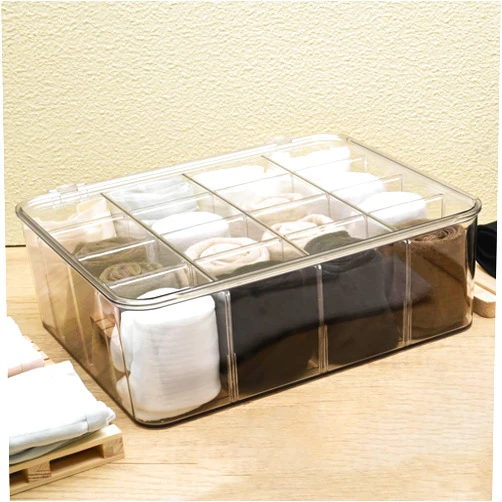 Hiitytin Socks Bra Underwear Drawer Organizer for Closet, Plastic Storage Box with 16 Removable Compartments and Lid, Clear Dresser Drawer Organizer Storage Container with Dividers for Sock Ties Belts