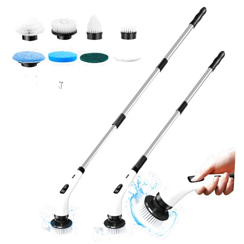 Inmorven Electric Spin Scrubber Cordless, Cleaning Brush with 8 Replaceable Brush Heads, 2 speeds, Adjustable Extension Long Handle Shower Cleaner for Bathroom Floor tub and Tile Scrubber, White