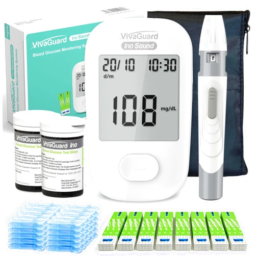 VivaGuard Talking Blood Glucose Monitor Kit, 100 Glucometer Strips & 100 Lancets, 1 Blood Sugar Monitor, 1 Lancing Device, Diabetes Testing Kit for Seniors and Home Use with Travel Case, No Coding