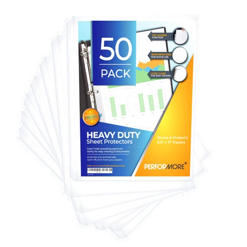 Performore 50 Sheet Protectors, Heavy Duty 8.5 X 11 Inch Clear Page for 3 Ring Binder, Plastic Sheet Sleeves, Durable Top Loading Paper Protector with Reinforced Holes, Archival Safe
