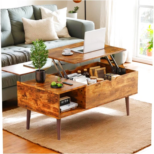 AYUYK Modern Lift Top Coffee Table Wooden Furniture with Storage Shelf and Hidden Compartment, Lift Tabletop Dining Table, Wooden Coffee Table, Center Table for Living Room Office(Brown)