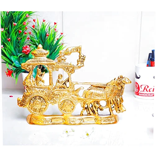 KridayKraft Lord Krishna and Arjun Rath Chariot with Two Horses Decorative Showpiece Metal Golden ColorAntique Krishna Arjuna Rath Wall Hanging & Table Corner Decor