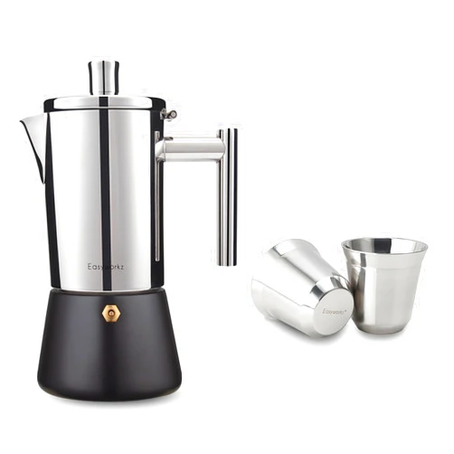 Easyworkz Diego Stovetop Espresso Maker, Bundled With Stainless Steel Espresso Cup 2pcs Set Double Wall Insulated Metal Demitasse Cups