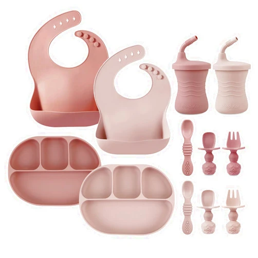 PandaEar 12PCS Silicone Baby Feeding Set | 2 Sectioned Baby Suction Plate, 2 Baby Bibs, 2 Toddler Cup, 4 Baby Spoons & 2 Baby Forks | Baby Led Weaning Supplies