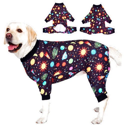 LovinPet Big Dogs Onesies: Big Dog Pajamas, Post Surgery/Wound Care, Lightweight Stretchy Fabric, Interstellar Black Print, Dog Jumpsuit, Anti Licking, Pet PJ's/XL