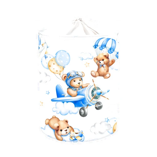 Clastyle 45L Large Blue Bear Pilot Kid Boy Girl Laundry Hamper with Handle Collapsible Balloon Clothes Toy Storage Basket with Lid for Nursery
