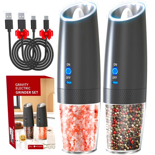 FEIYUANDZ RECHARGEABLE - Gravity Electric Pepper and Salt Grinder Set, Adjustable Coarseness, With LED Light, One Hand Automatic Operation, 2 Pack-Black