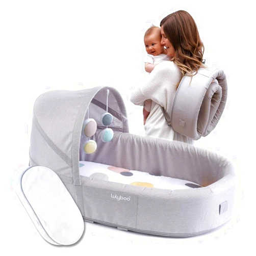 Lulyboo Portable Baby Travel Lounge & Playpen - Indoor/Outdoor Cuddle & Play Baby Bed, Adjustable Backpack, Waterproof, Lightweight, Includes Changing Pads, Plush Toys & Removable Canopy (Bubble)