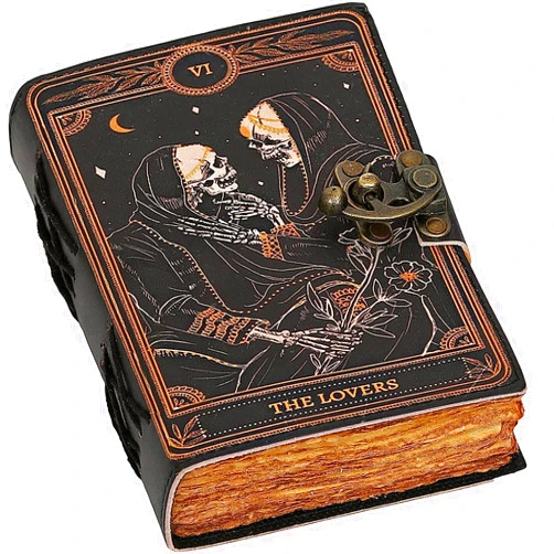 cuero Book of Spells Leather Journal Deckle Edge Paper Grimoire Printed Journal The Lovers Tarot Notebook Spiral Gothic Notebook Skull lover Antique Vintage Leather Journals for Men and Womens