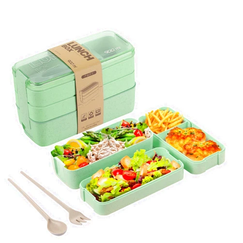 AsFrost Bento Box for Adults, 3-In-1 Meal Prep Container, 900ML Janpanese Lunch Box with Compartment, Wheat Straw, Leak-proof, Spoon & Fork, BPA-free (Green)