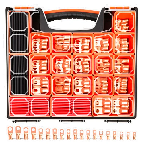 Kuject 220PCS Battery Cable Ends AWG 1 2 4 6 8 1/0 2/0 Gauge, 110PCS Heavy Duty Copper Wire Lugs Kit, Battery Cable Terminal Connectors Assortment with 110PCS 3:1 Heat Shrink Tubing