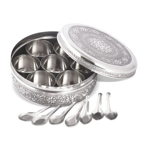 KSJONE Designer Spice Container Masala Dabba With 7 Compartments, Masala Box, Spice Container Box, Stainless Steel Spice Box Indian Masala Dabba with Lid, 8 Inch