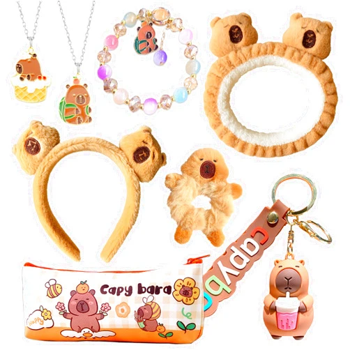 Ohjijinn Capybara Gifts for Girls Capybara Stuff with Hair Accessories Set - Includes Headband Hair Ties Makeup Bag Necklaces Bracelets Keychain