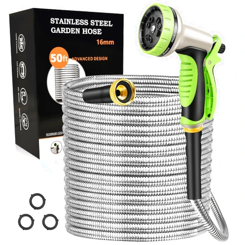 GOXAWEE Garden Hose 50FT, Stainless Steel Heavy Duty Water Hose With 10 Function Nozzle, No-Kink, Tough & Flexible, Sturdy and Lightweight, Rust Proof for Yard, Outdoor, RV