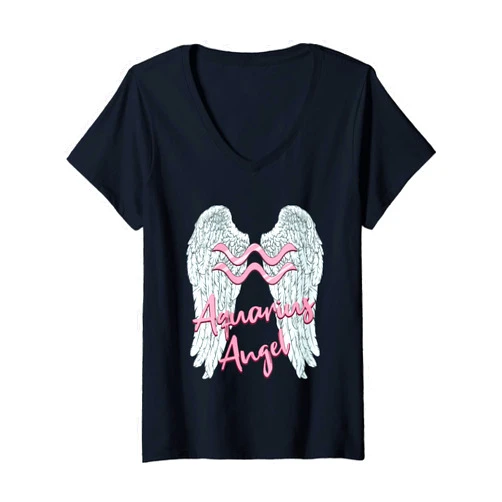 Aquarius Zodiac Sign Angel with Angel Wings Womens Aquarius Angel Zodiac Sign with Angel Wings for Women V-Neck T-Shirt