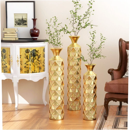 Wunlerlant Tall Floor Vase Large Vintage Modern Vase Set Oversized Tall Vases for Floor Metal Large Vases for Decor Living Room Gold Floor Vases Decorative Tall for Living Room (3D Triangle)