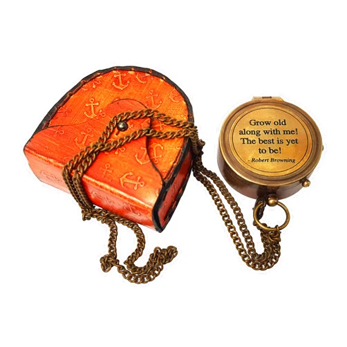 Hanzla Collection Grow Old with Me Engraved Brass Compass ON Chain with Leather CASE, Directional Magnetic Compass