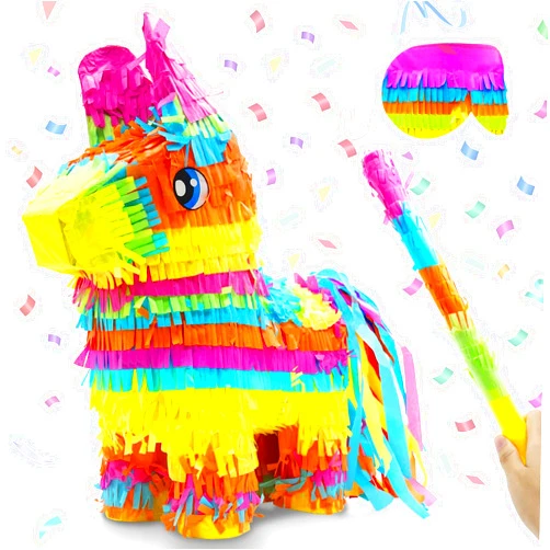 TURNMEON Donkey Pinata, Rainbow Color Donkey Pinata with Stick and Blindfold for Birthday Party, Mexican Fiesta Party Decorations Día De Muertos Taco Party Favors Supplies (15 x 12 x 5 ln)
