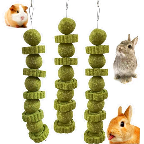 kathson 3Pcs Bunny Chew Toys Rabbit Chewing Toy for Teeth Grinding Chinchilla Treats Timothy Grass Cake Molar Balls for Guinea Pigs Hamsters Gerbils Rats Squirrels Playing Improve Pets Dental