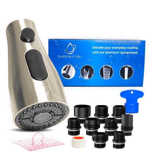 Ecokitchen5starsllc Kitchen Faucet Head Replacement – Pull-Down/Pull-Out Sprayer for Moen, Delta & American Standard | 3-Mode Sink Faucet Spray Head with 9 Adapters, Brushed Nickel, Kitchen Sink Sprayer Replacement