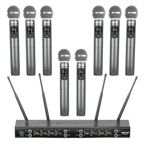 Phenyx Pro Wireless Microphone System, 8-Channel Metal Wireless Mic Set w/ 8 Cordless Mics, 8x20 UHF Frequencies, 200ft Range, Dynamic Microphones for Singing, Karaoke, Church, DJ (PTU-4200-8H)
