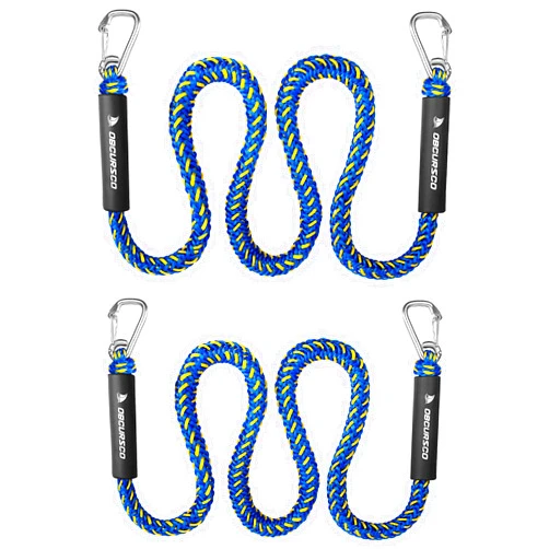 Obcursco Bungee Dock Line, Jet Ski Dock Line with Double 316 Stainless Steel Clips, Boat Snubber Docking Rope for PWC, Boat Accessories for Waverunner, Seadoo, Kayak, 2 Pack 4-5.5ft Yellow & Blue