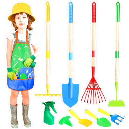 Magic4U Kids Gardening Tools Set, 22 Pcs Metal Garden Tools Toys with Apron, Gloves, Wood Handle Shovel, Rake, Hoe and Leaf Rake, Outdoor Digging Toys Gifts for Kids Age 3+
