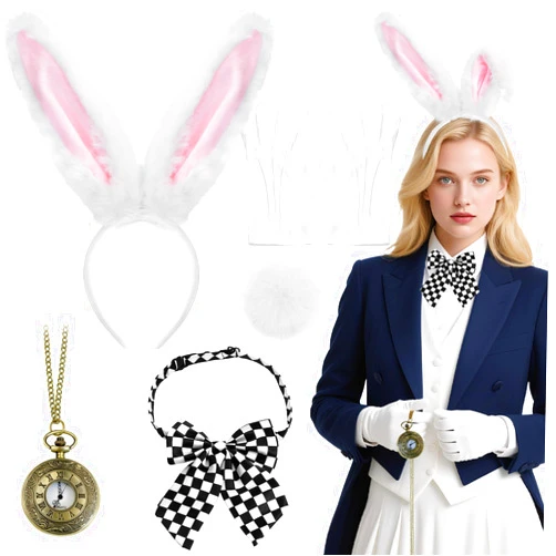 H-Style White Bunny Rabbit Costume Accessory Set, 5 PCS, Bunny Ears Headband, Bow Tie, Tail, Gloves, Pocket Watch Prop for Women, Halloween Costume Role Play and Party