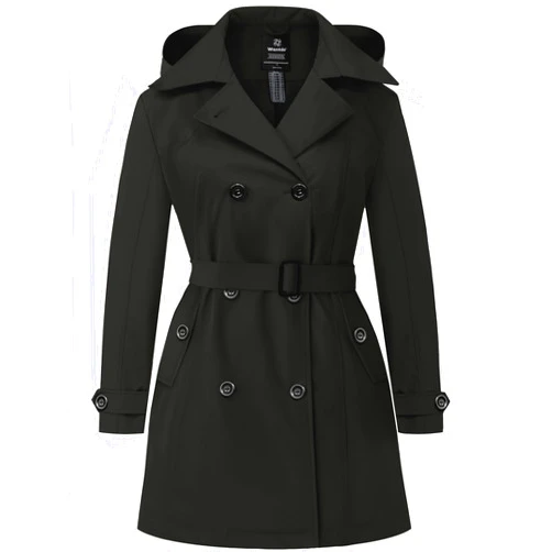 wantdo Women's Plus Size Trench Coat Double-Breasted Waterproof Lapel Overcoat Stylish Pea Coat with Detachable Hood