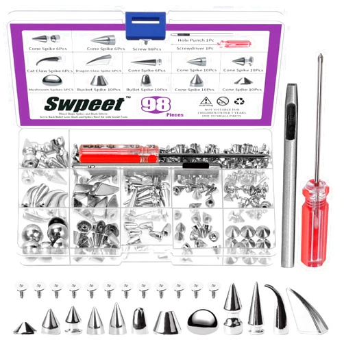 Swpeet 96 Sets 12 Styles Silver Mixed Shape Spikes and Studs Metal Screw Back Bullet Cone Studs and Spikes Rivet Leather Rivets Kit with Install Tools for DIY Craft Leather Craft Repairs Decoration