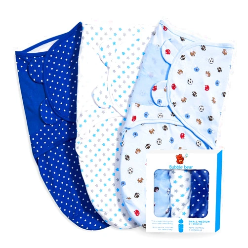 Bubble bear 3 Pack Baby Swaddle 0-3 Months - Infant Adjustable Newborn Swaddles Blanket Baby Girl Boy, Swaddling Wrap Blanket Sleep Sack for Newborn-Blue
