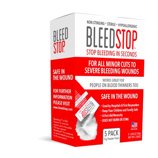 BleedStop™ First Aid Powder for Blood Clotting, Trauma Kit, Blood Thinner Patients, Camping Safety, and Survival Equipment for Moderate to Severe Bleeding Wounds or Nosebleeds 5 Pack 15g