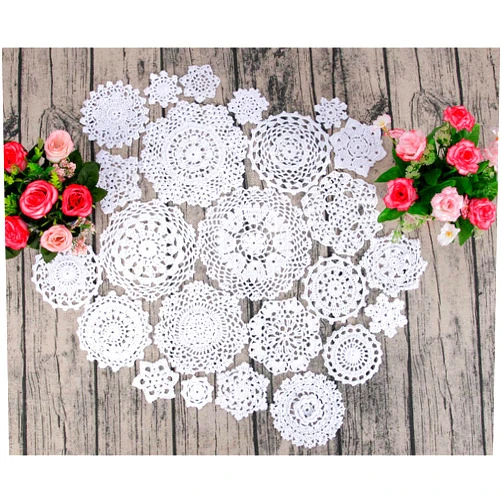 YINGYOU 100% Cotton Handmade Crochet Doilies Cup Mat Crochet Snowflakes 24 Vintage Crochet Motifs 2-7 inches White