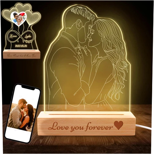 YanNanKe Personalized 3D Portrait Illusion Photo Lamp Custom Picture Engraved Plaque Night Light with Wood Base Customized Photo Acrylic LED Lamp Gift for Valentine's Day Anniversary's Day Birthday