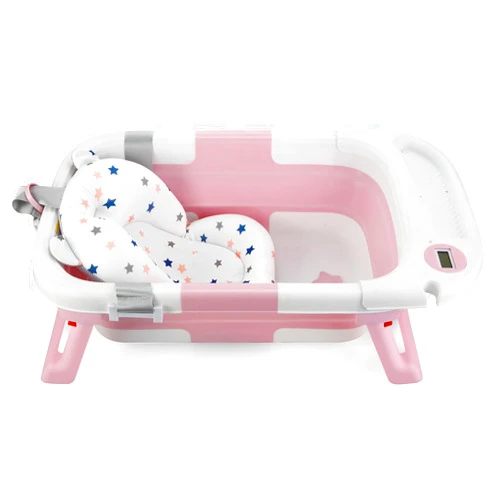 PandaEar Baby Bathtub for Newborn Infant, Collapsible Baby Infant Bath Tub Toddler Travel Bathtub with Soft Cushion & Drain Hole for Toddler 0-24 Months (Pink)