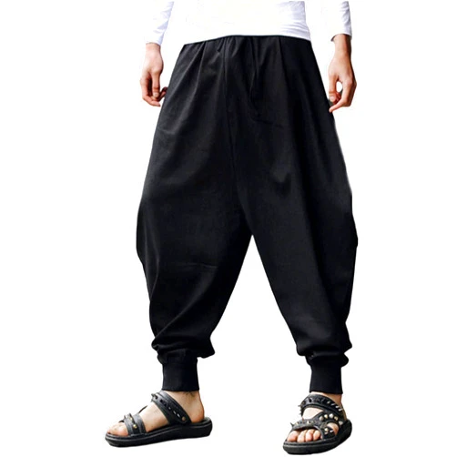 CLANMILUMS Men's Elastic Waist Harem Pants Baggy Hippie Cosplay Drop Crotch Trousers