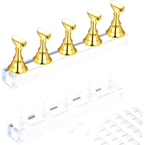 Lenlorry 2 Set Acrylic Nail Practice Stand Magnetic Nail Tip Art Display Stand Holder Manicure Tool with Reusable Adhesive Putty Clay for Home Salon Makeup (Golden and White)