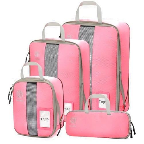 Dec-Mec 4/6 Set Compression Packing Cubes with Tag Holders for Travel, Expandable Packing Organizers, Carry On Luggage Suitcase Organizer Bags as Travel Accessories (4set,Pink)