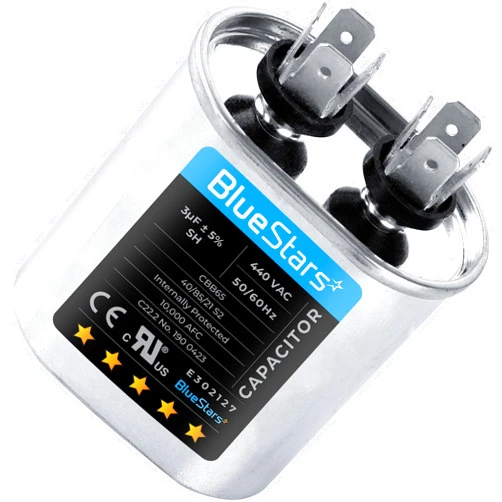 BlueStars 3uF mfd ±5% 370-440VAC Volt Oval Run Start Capacitor 50/60 Hz AC Electric Replacement Part by Blue Stars - Exact Fit for Central Air-Conditioners Heat Pumps Condenser Fan Motors AC Compressors