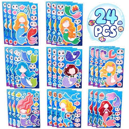 Reaeon 24 PCS 8.27’’×5.9’’ Make a Face Stickers for Kids Toddlers, Make Your Own Mix and Match Mermaid Stickers Sheets for Girls Crafts Activities, Birthday Gifts, Goodie Bags Stuffers