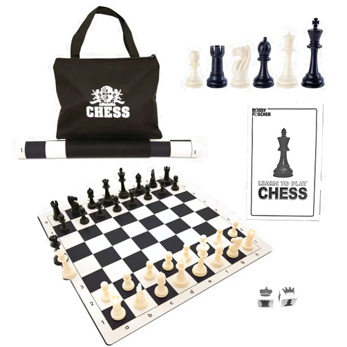 WE Games Best Value Tournament Chess Set - Includes 34 Chess Pieces, Roll Up Vinyl Chess Board, Chess Pieces, Chess Bag and Equalizer Dice, Travel Chess Sets for Adults