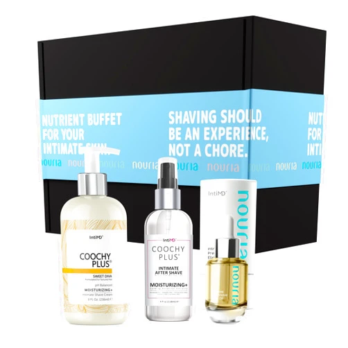 IntiMD Coochy Plus HydroLock MOISTURIZING+ 3-Steps Kit Intimate Shave Gift Set: NOURIA Pre-Shave Elixir Oil + Coochy Plus Shave Cream Sweet Diva + Intimd After Shave Protection Mist