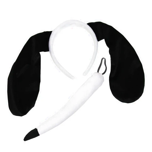 Costume Adventure Black and White Dog Ears Headband and Tail Costume Accessory Puppy Dog Costume Ears and Tail for Adults - One Size