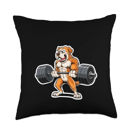 FitPets Muscular Dog Lifting Weights, Strong Dog Workout Design Throw Pillow