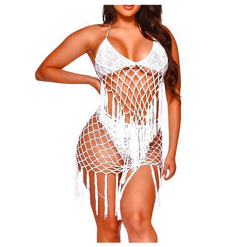 Oiangi Women's Tassel Fishnet Swimsuits High Waisted Two Piece Bathing Suit Sexy Halter Knitted Swim Top and Bikini Bottoms