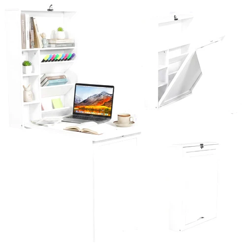 Tangkula Folding Wall Mounted Desk, Convertible Fold Out Floating Table with Storage Shelves, Space-Saving Drop Leaf Table, Murphy Desk for Craft, Study, Small Spaces, Home Office, Dorm, White