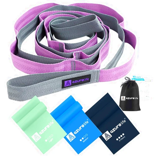 A AZURELIFE Flat Resistance Band Set (3 Pieces Total) Exercise Bands and Premium Durable Cotton Stretch Strap with Loops