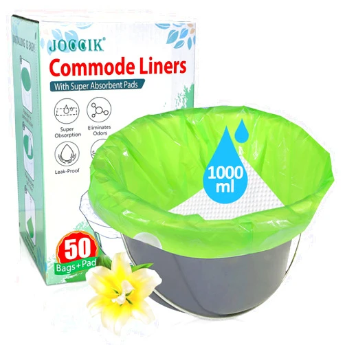 JOCCIK Commode Liners for Bedside Commode with Super Absorbent Pad 50 Pack Disposable Bags Universal Fit All Standard Toilet Chair Bucket