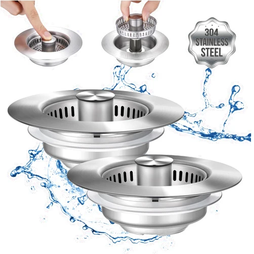 Inkhut Upgraded 3 in 1 Kitchen Sink Drain Strainer - Stainless Steel Sink Stopper, Anti-Clogging Sink Food Catcher Basket, Fast Drainage Odor Filter Sink Plug for US Standard 3 1/2 inch Drain (Silver-2Pack)